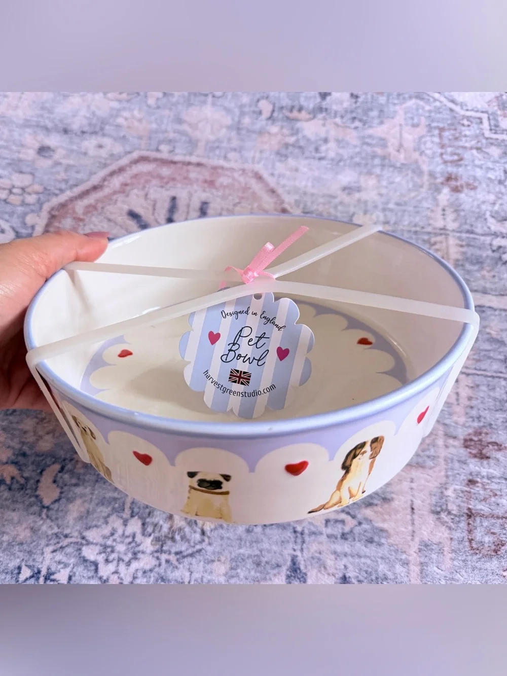 Harvest Green Studio Cream & Lavender Dog Bowl with Red Heart Accents